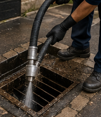 Técnico aplicando jato de água em bueiro de calçada