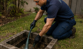 Técnico limpando uma caixa de inspeção em área externa