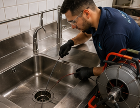 Técnico desentupindo a pia de uma cozinha comercial