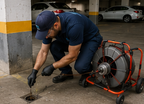 Técnico desentupindo um ralo em garagem de condomínio