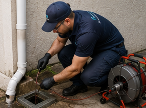 Técnico desentupindo a tubulação de descida de água pluvial de um imóvel