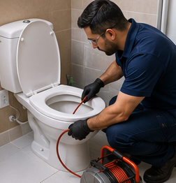 Técnico desentupindo um vaso sanitário com cabo flexível