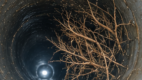 Câmera de inspeção mostrando raízes dentro da tubulação