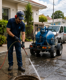 Técnico realizando hidrojateamento em bueiro de rua