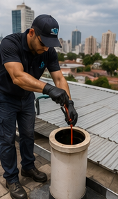 Técnico realizando manutenção em caixa d'água no telhado