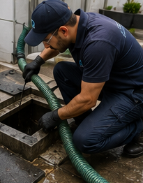 Técnico limpando uma caixa de gordura em área externa