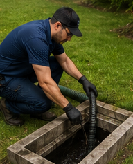 Técnico limpando uma caixa de fossa em área de jardim