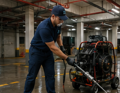 Técnico realizando limpeza de tubulação com equipamento portátil em garagem