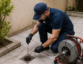 Técnico atendendo um ralo de área externa
