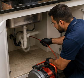 Técnico desentupindo a tubulação sob uma pia de cozinha em Indaiatuba