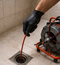 Técnico inserindo cabo flexível no ralo de um banheiro para desentupir