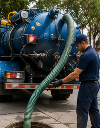 Técnico operando mangueira de sucção de um caminhão limpa-fossa