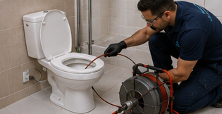 Técnico desentupindo um vaso sanitário com carretel de cabo
